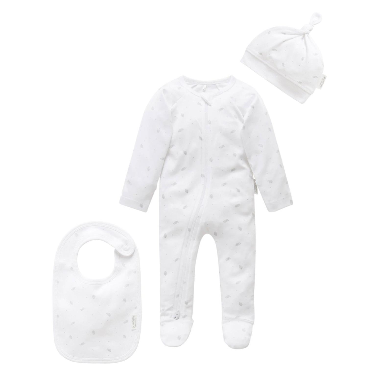 Purebaby 3 Piece Set - Pale Grey Leaf w Spot